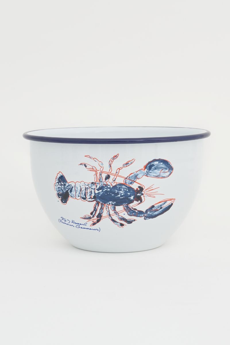 D2501 - Lobster Enamelware Bowl,White/Blue, Lg, D: 8.5" - H: 5" (x2)